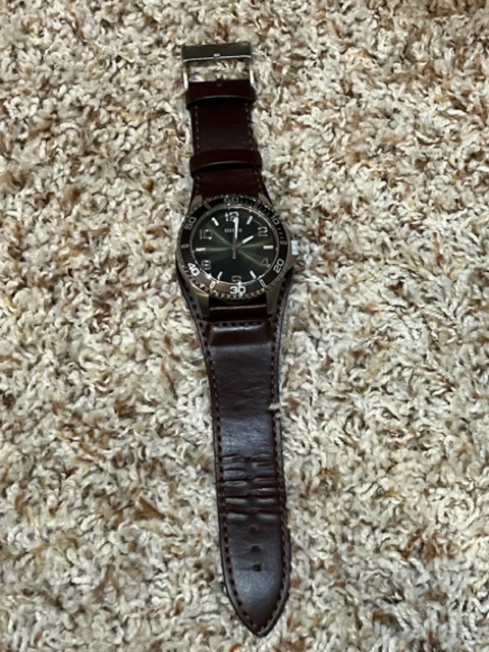 Guess Men's Brown Leather Strap Watch with Dark Green Dial